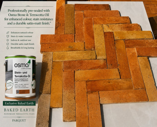 Reclaimed Terracotta Parquet Floor Tiles, Pre-Sealed – 7.3 × 30 × 1.5 cm - Baked Earth