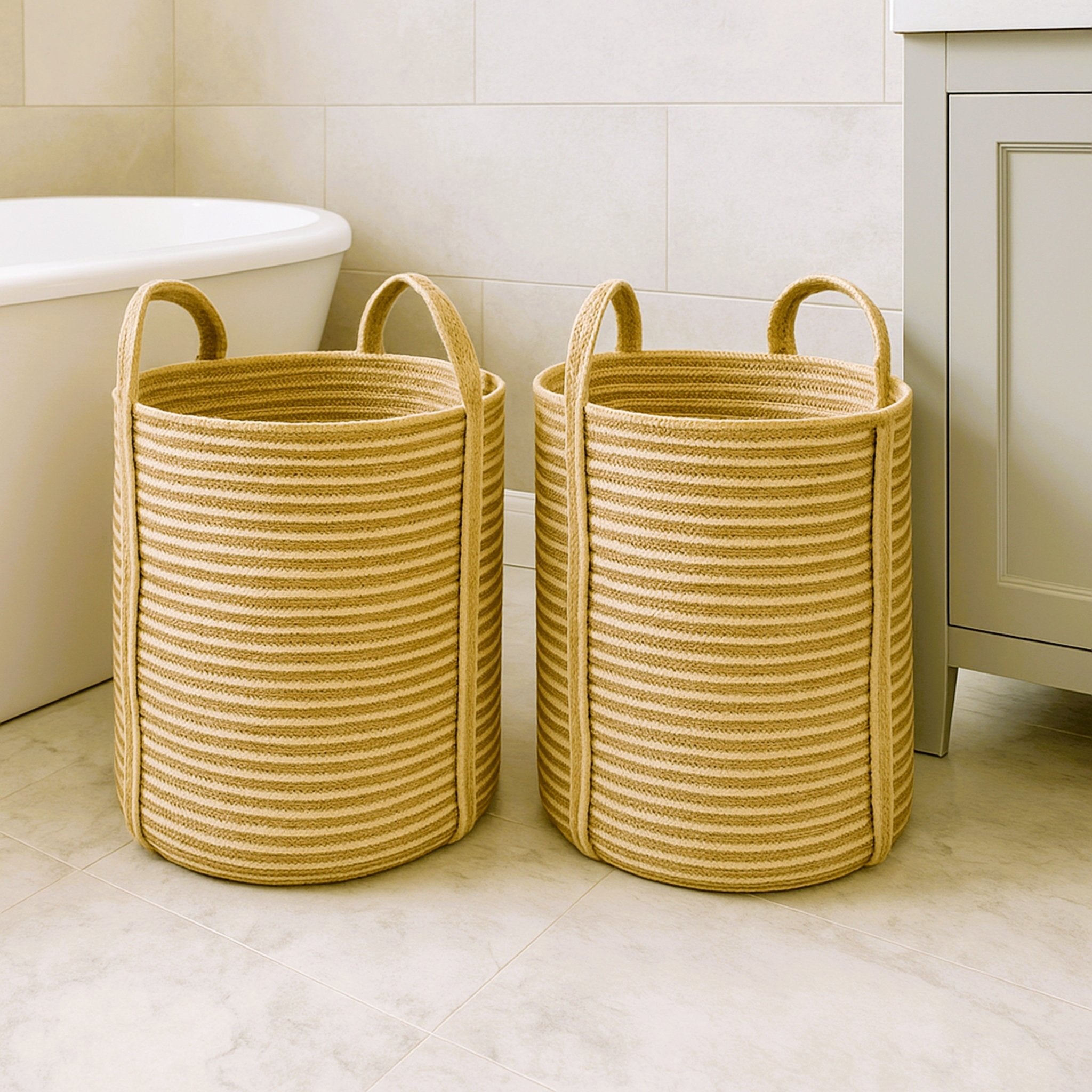 Sonali Natural Striped Jute Laundry Basket – Large - Baked Earth