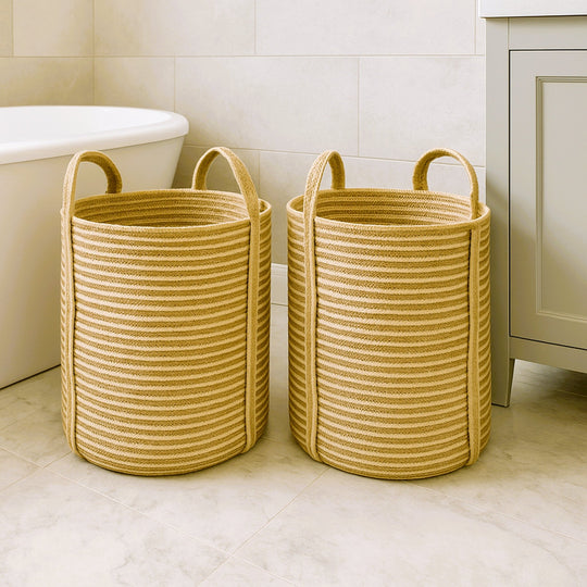 Sonali Natural Striped Jute Laundry Basket – Large - Baked Earth